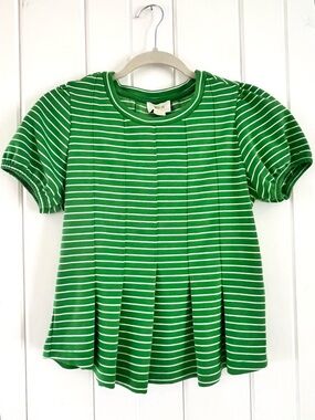 Maeve Green Striped Short-Sleeve Peplum Top, Sz XXS (P2P 17.5”)
